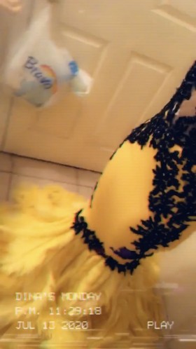 black applique yellow feather mermaid prom dress