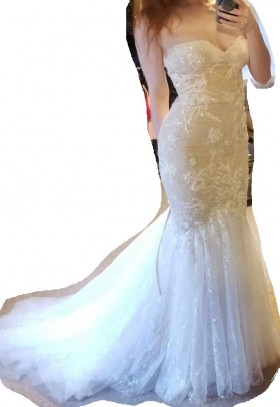 strapless ivory beaded lace overlaid trumpet custom luxury wedding dress