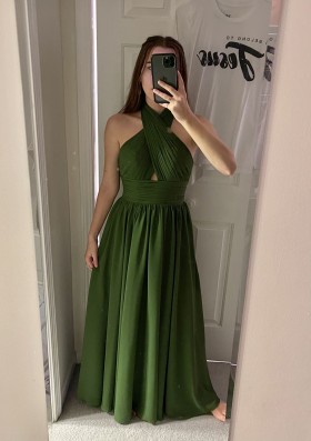 green halter chiffon dress