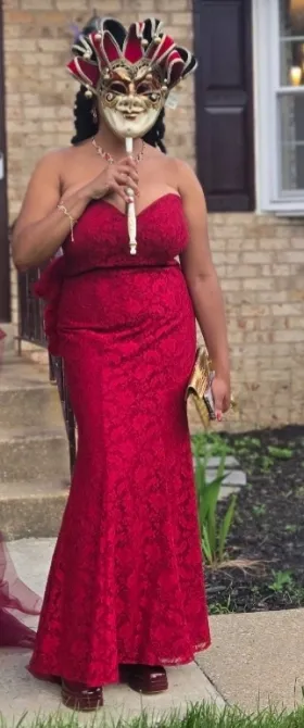 strapless burgundy mermaid prom dress