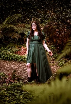 green damask dress with tulle overskirt