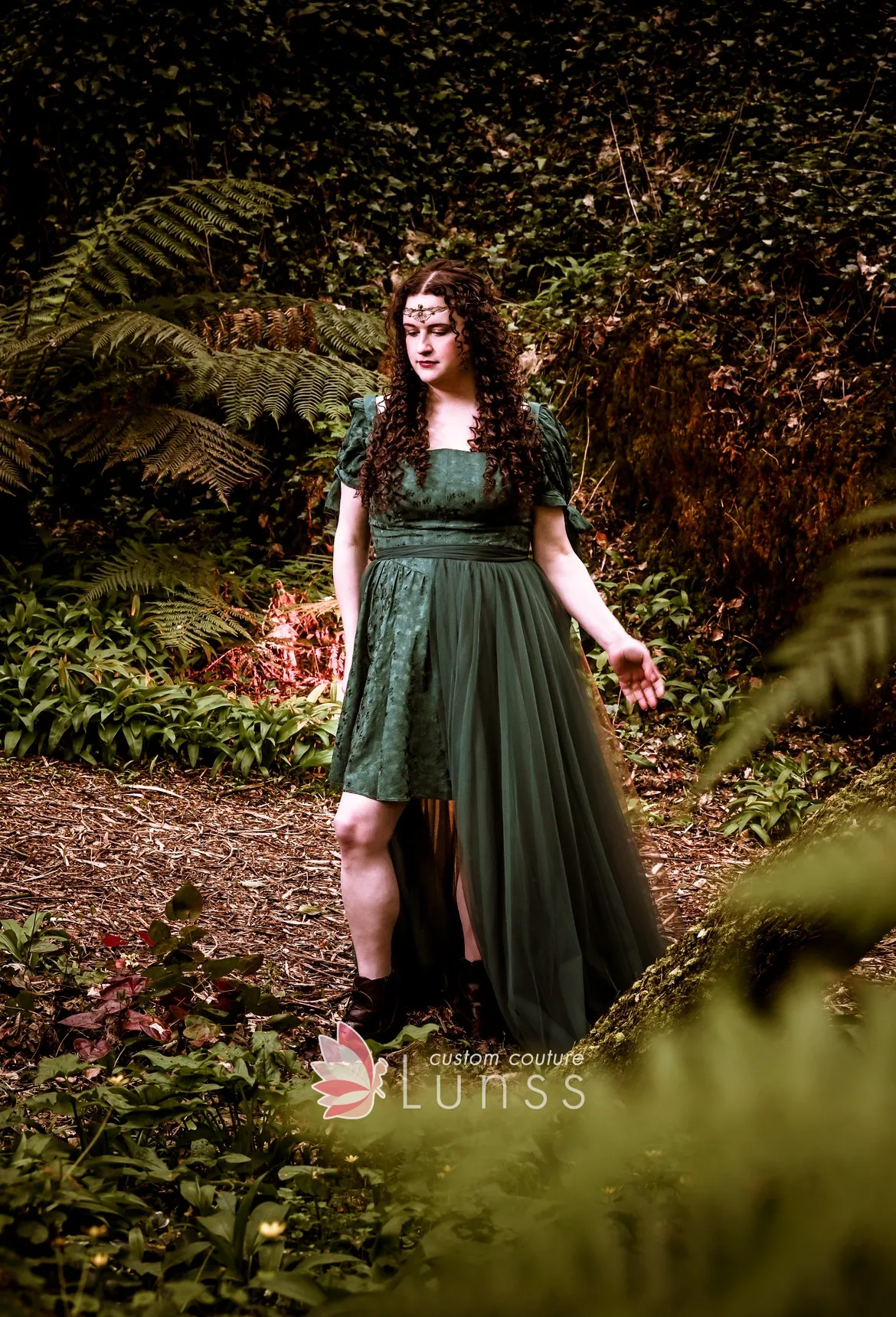 green damask dress with tulle overskirt