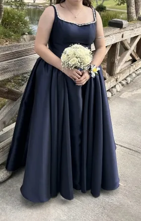 custom navy satin prom dress