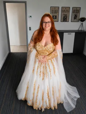 Sun Queen ivory and gold ball gown