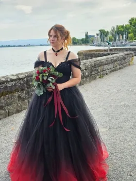 black and red ombre tulle wedding dress