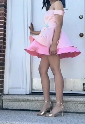 custom blush pink satin mini prom dress