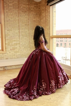 plum glitter ball gown