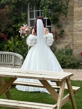 puff sleeve taffeta custom wedding dress