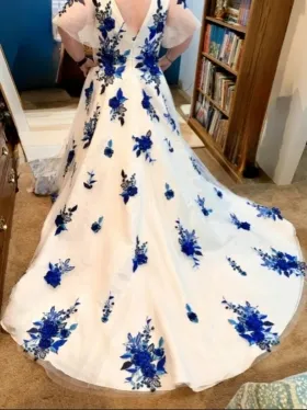 blue floral applique wedding dresss